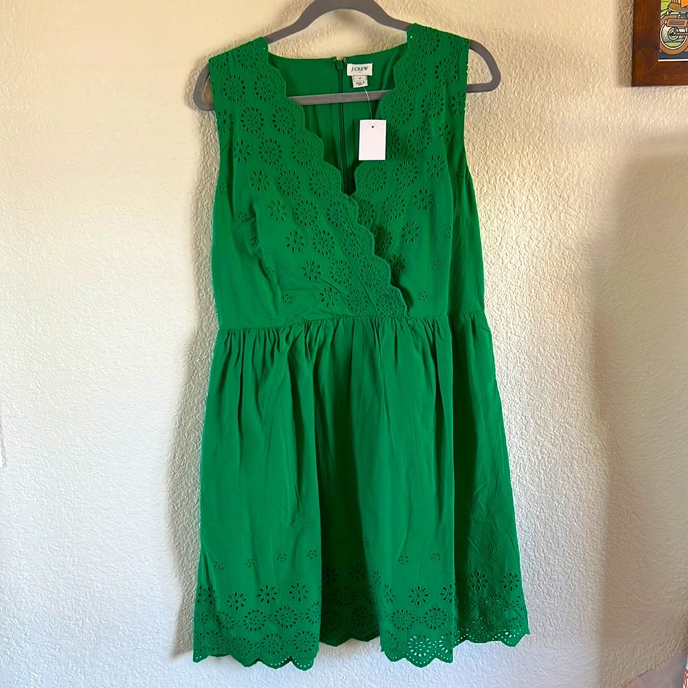 J. Crew Bright Green Eyelet Scallop V-Neck Mini Dress